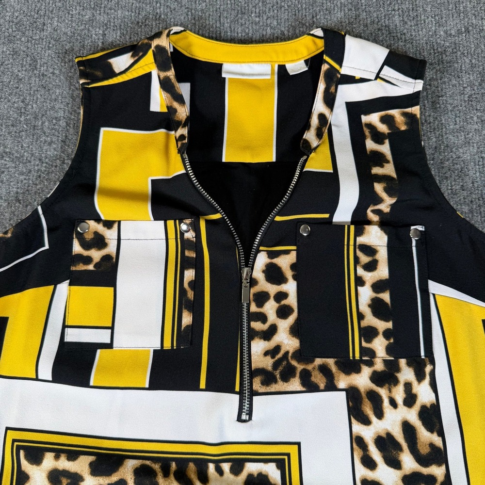 New York & Company Women Small Yellow Black Leopard Geometric Zip Tunic #3522